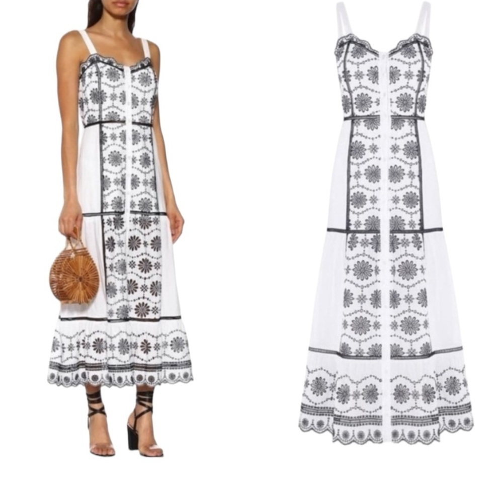 Veronica Beard Sasha Eyelet Strap Midi Dress Black White 10
